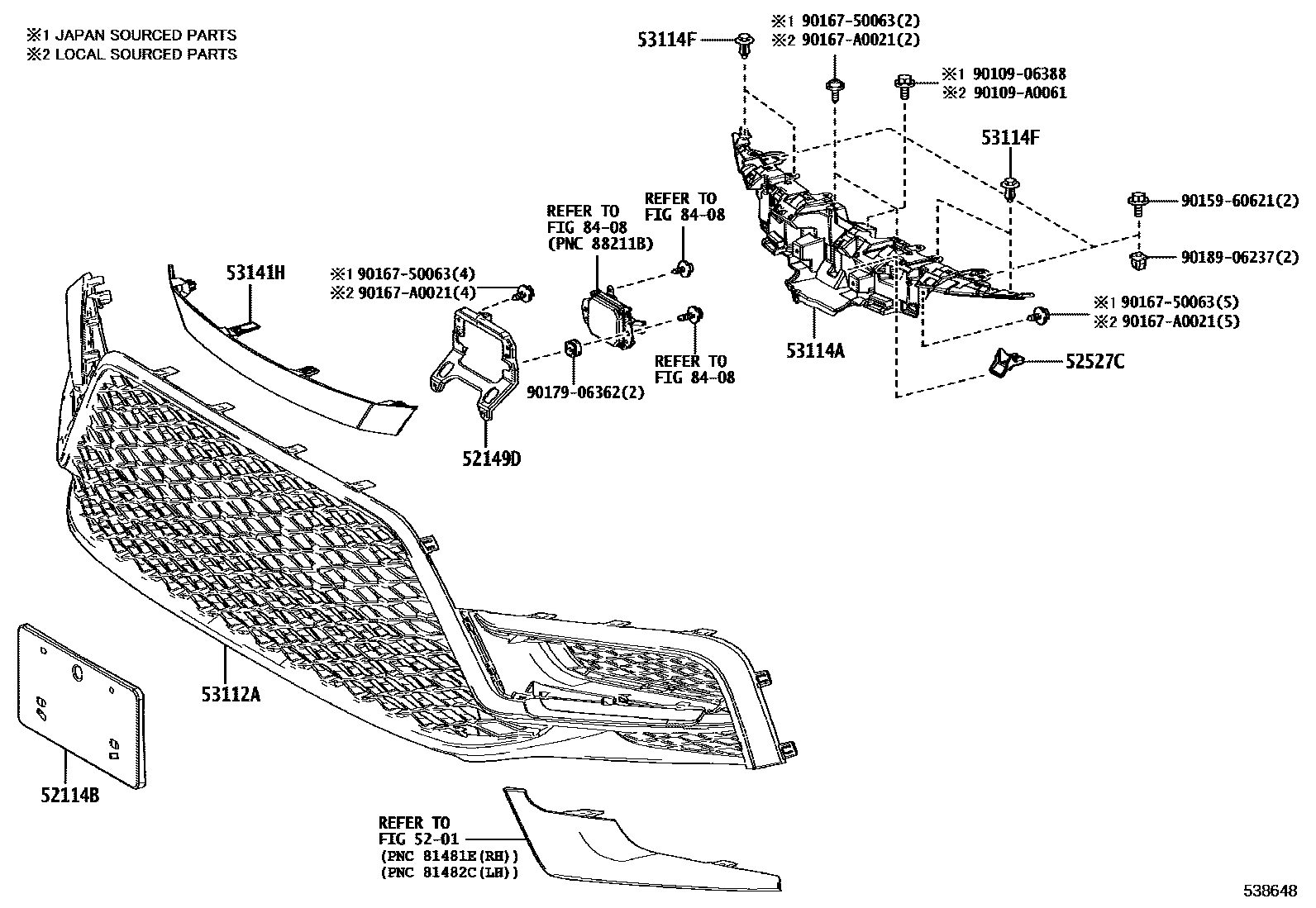 Toyota COROLLA radiator grille EPC diagram — 538648