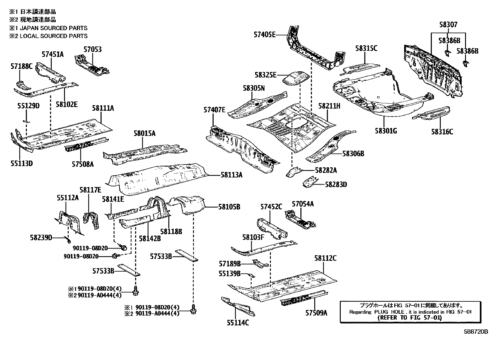 Toyota COROLLA 浅盘形地板和车身下背板 EPC diagram — 588720B
