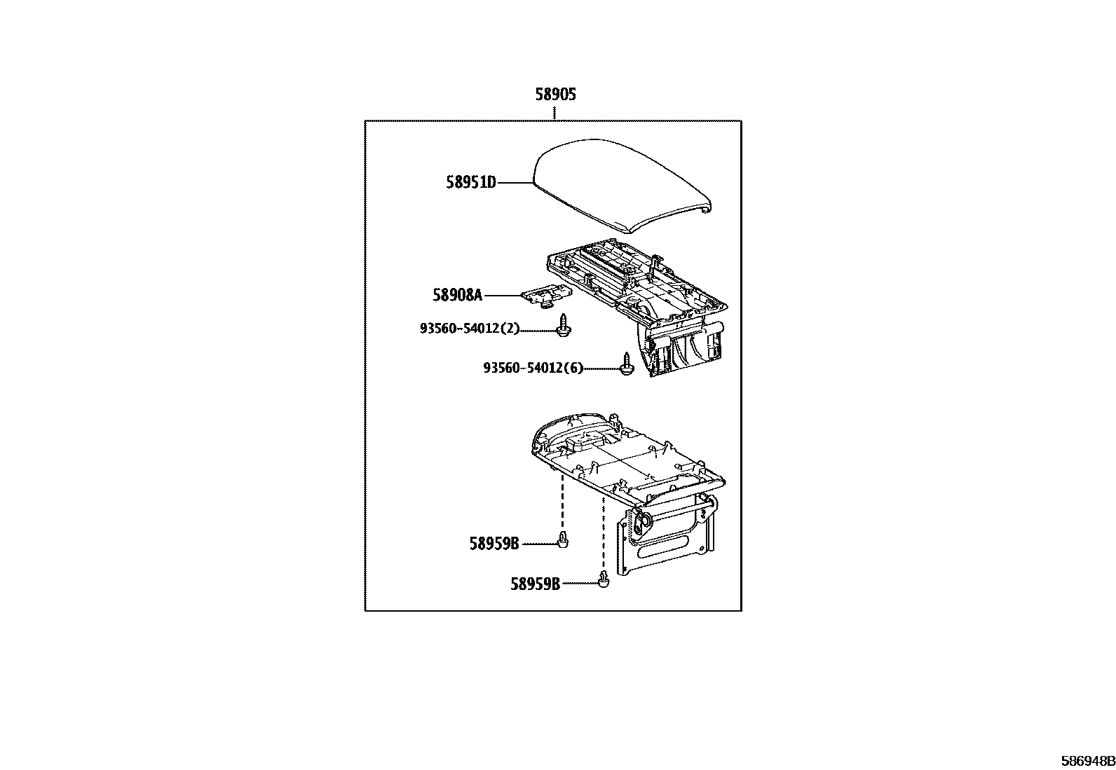 Toyota COROLLA 中央扶手箱和支架 EPC diagram — 586948B