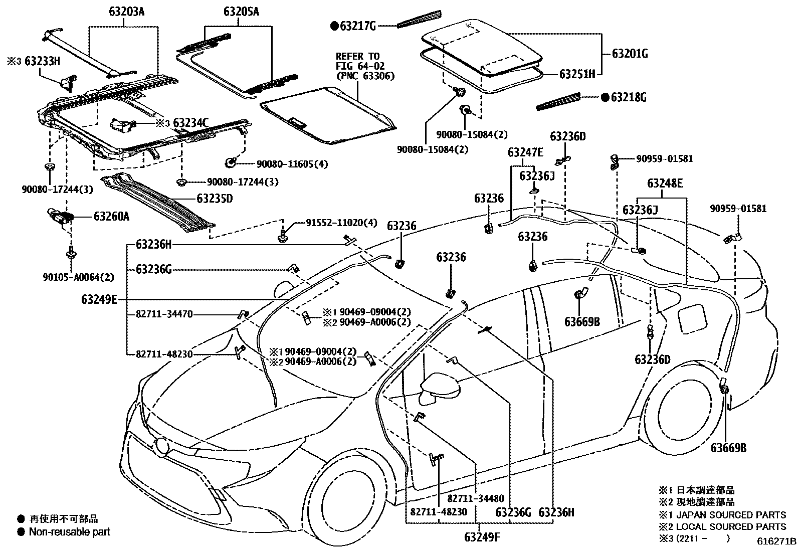 Toyota COROLLA 天窗板和背窗玻璃 EPC diagram — 616271B