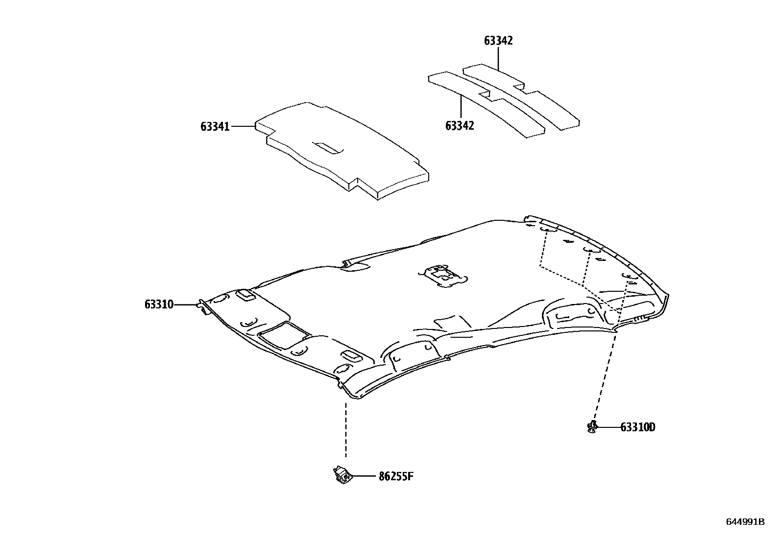 Toyota COROLLA 车顶内衬和消声垫 EPC diagram — 644991B