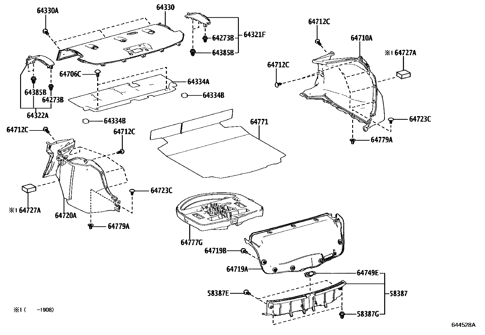 Toyota COROLLA 杂物箱板和行李箱垫 EPC diagram — 644528A