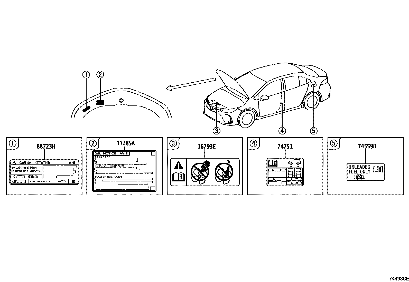 Toyota COROLLA 警示铭牌(车外和车内) EPC diagram — 744936E
