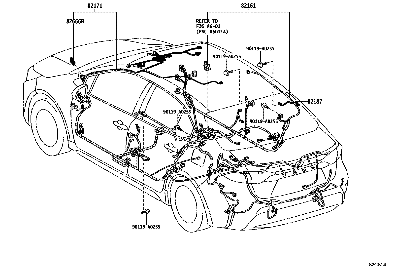Toyota COROLLA 线束和卡夹 EPC diagram — 82C814