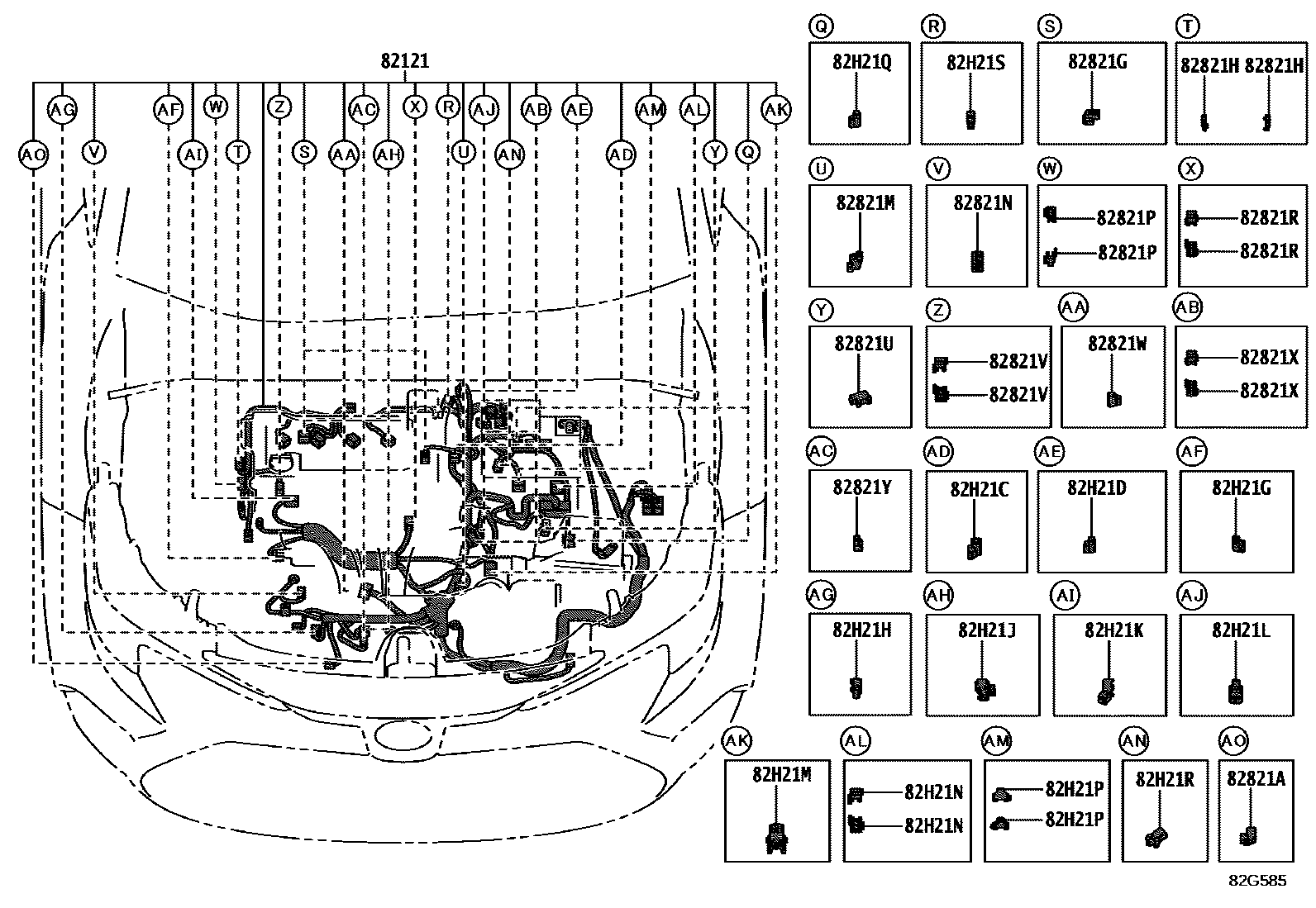 Toyota COROLLA 线束和卡夹 EPC diagram — 82G585