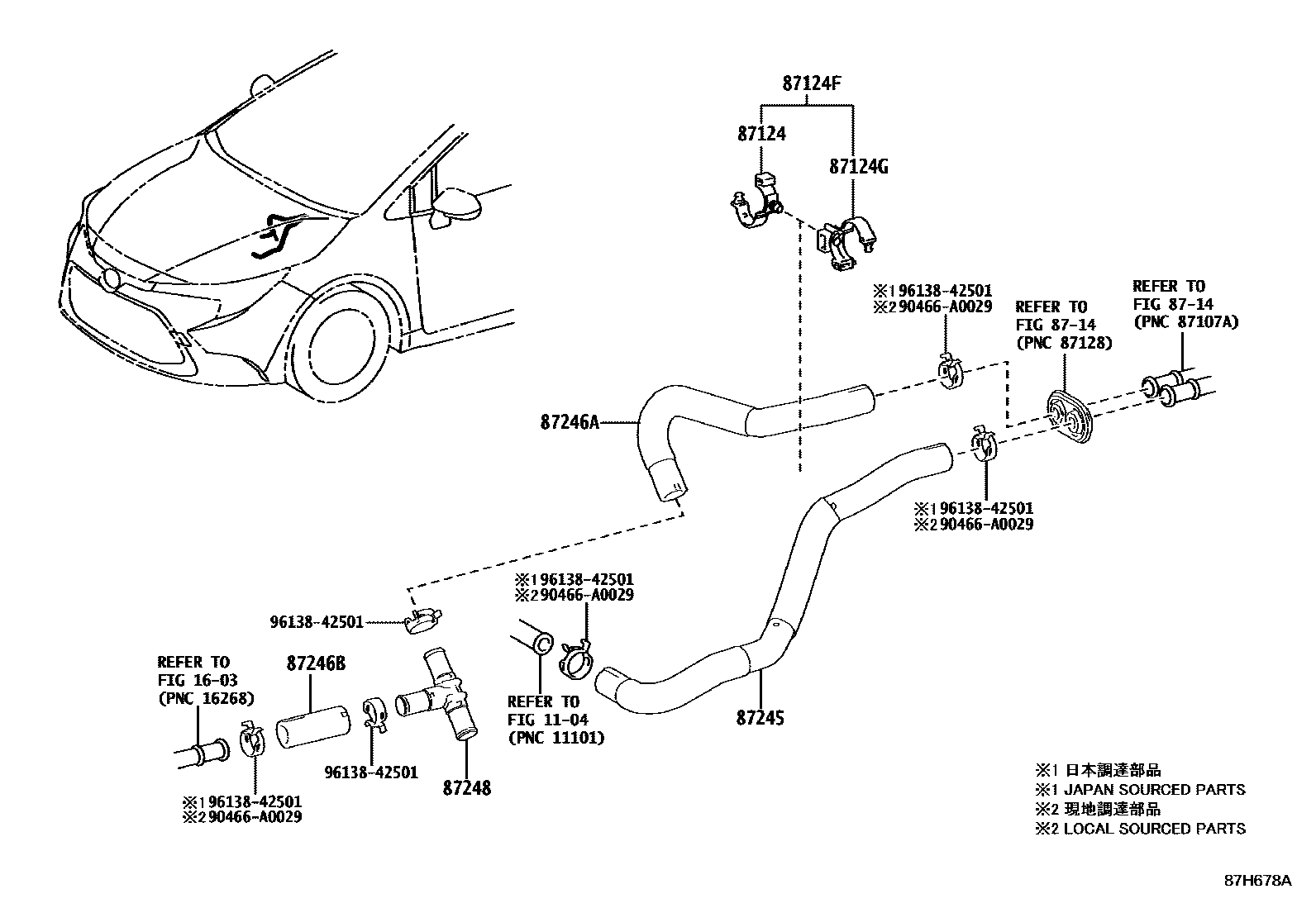 Toyota COROLLA 暖风和空调系统 - 水管 EPC diagram — 87H678A