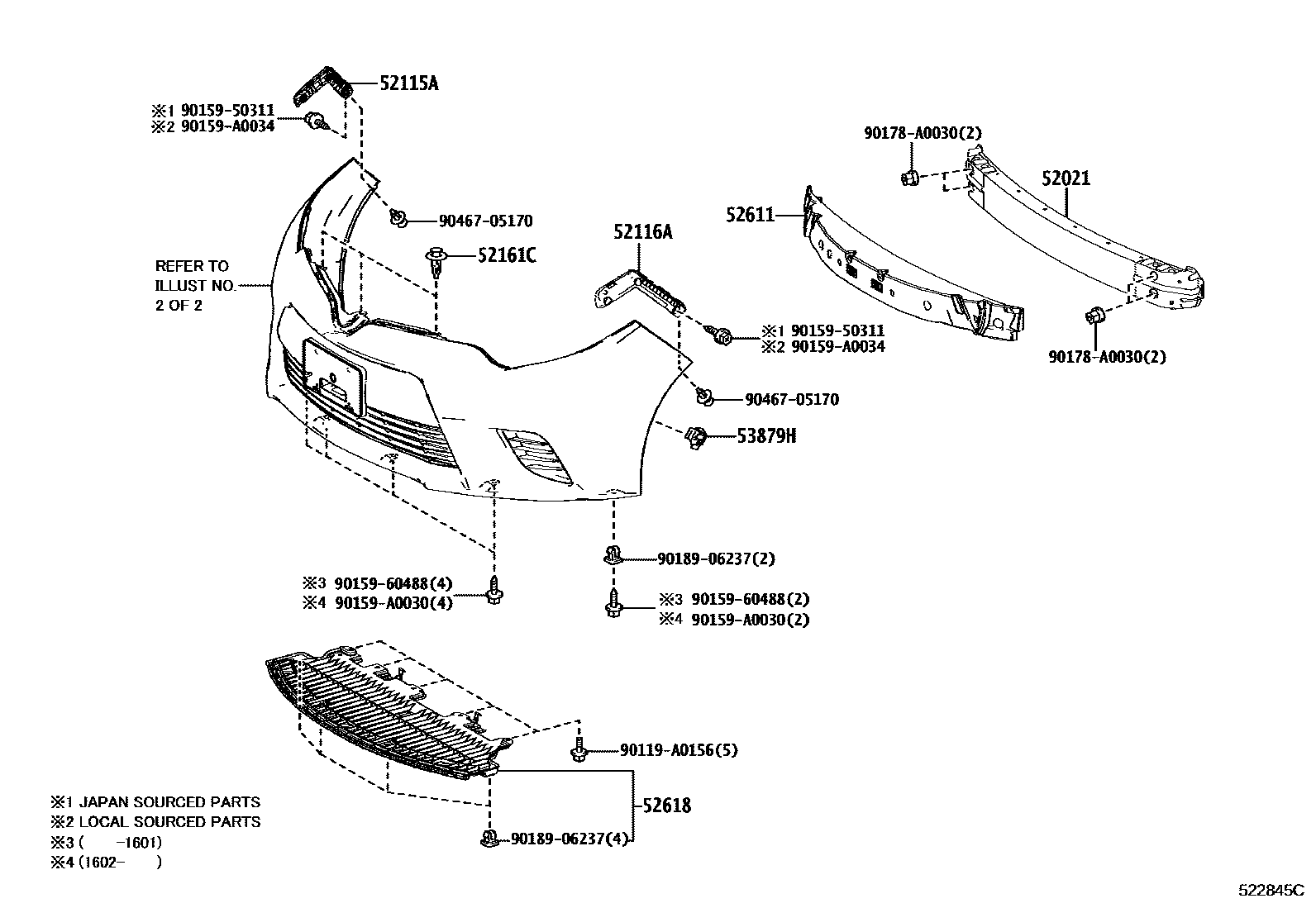 Toyota COROLLA 前保险杠及附件 EPC diagram — 522845C