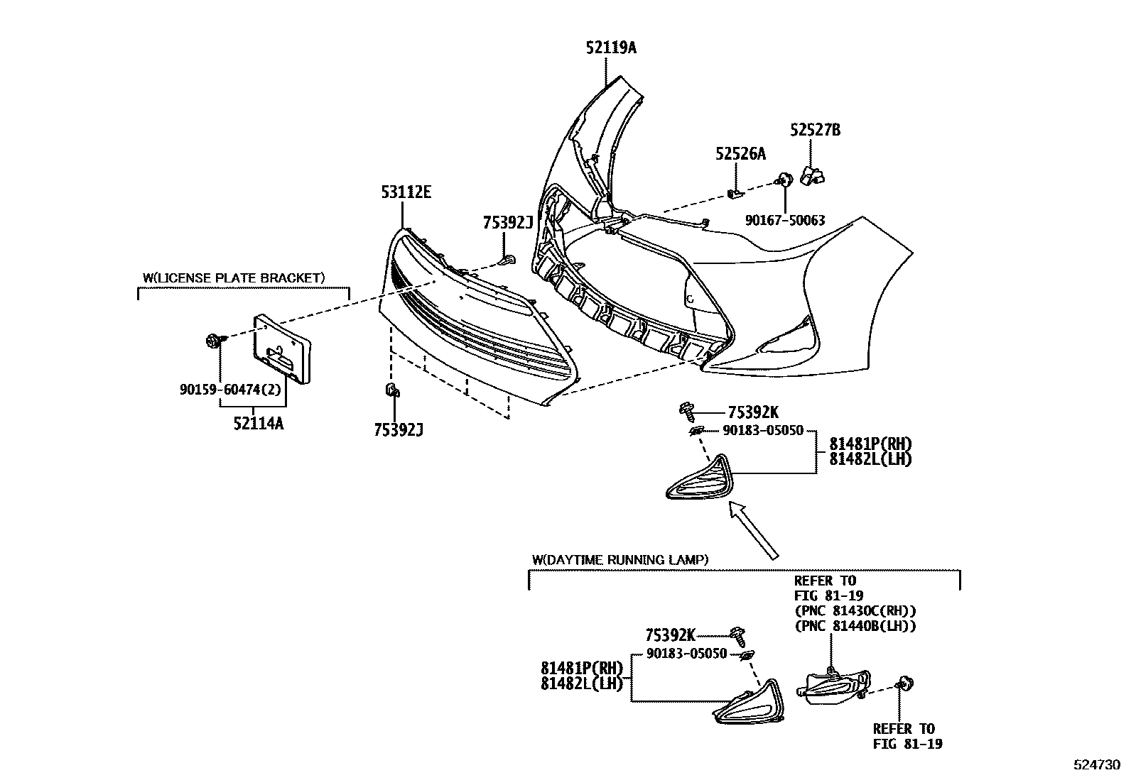 Toyota COROLLA 前保险杠及附件 EPC diagram — 524730