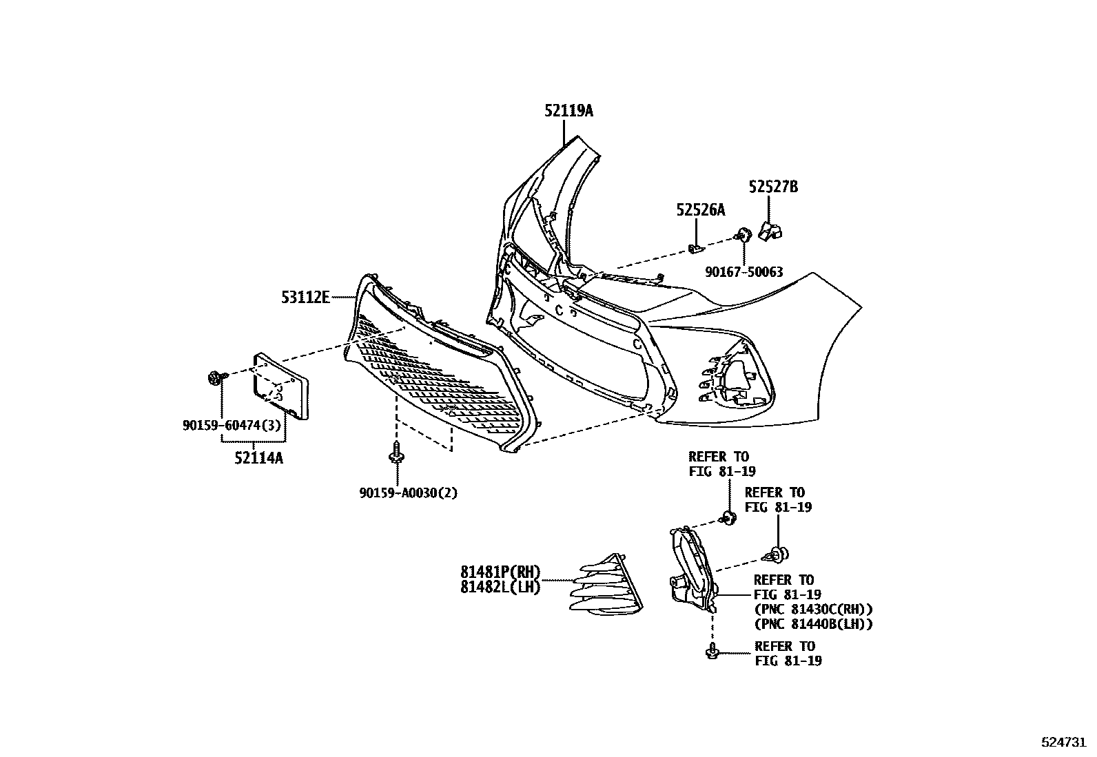 Toyota COROLLA 前保险杠及附件 EPC diagram — 524731