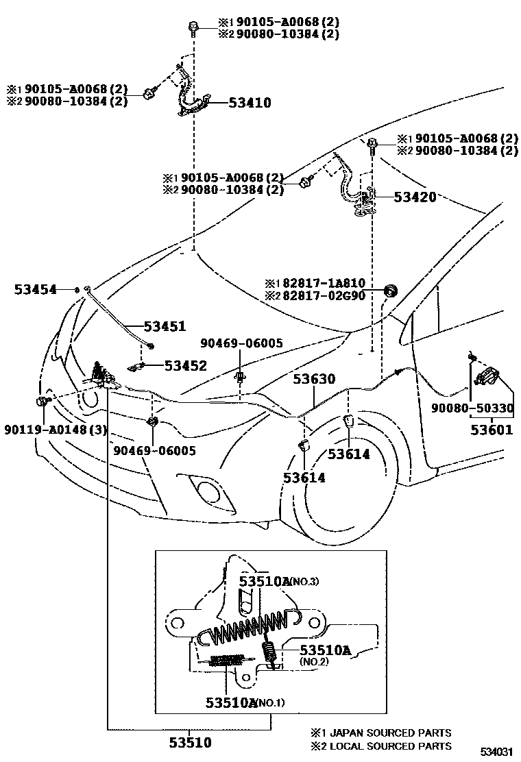 Toyota COROLLA 发动机盖锁和铰链 EPC diagram — 534031