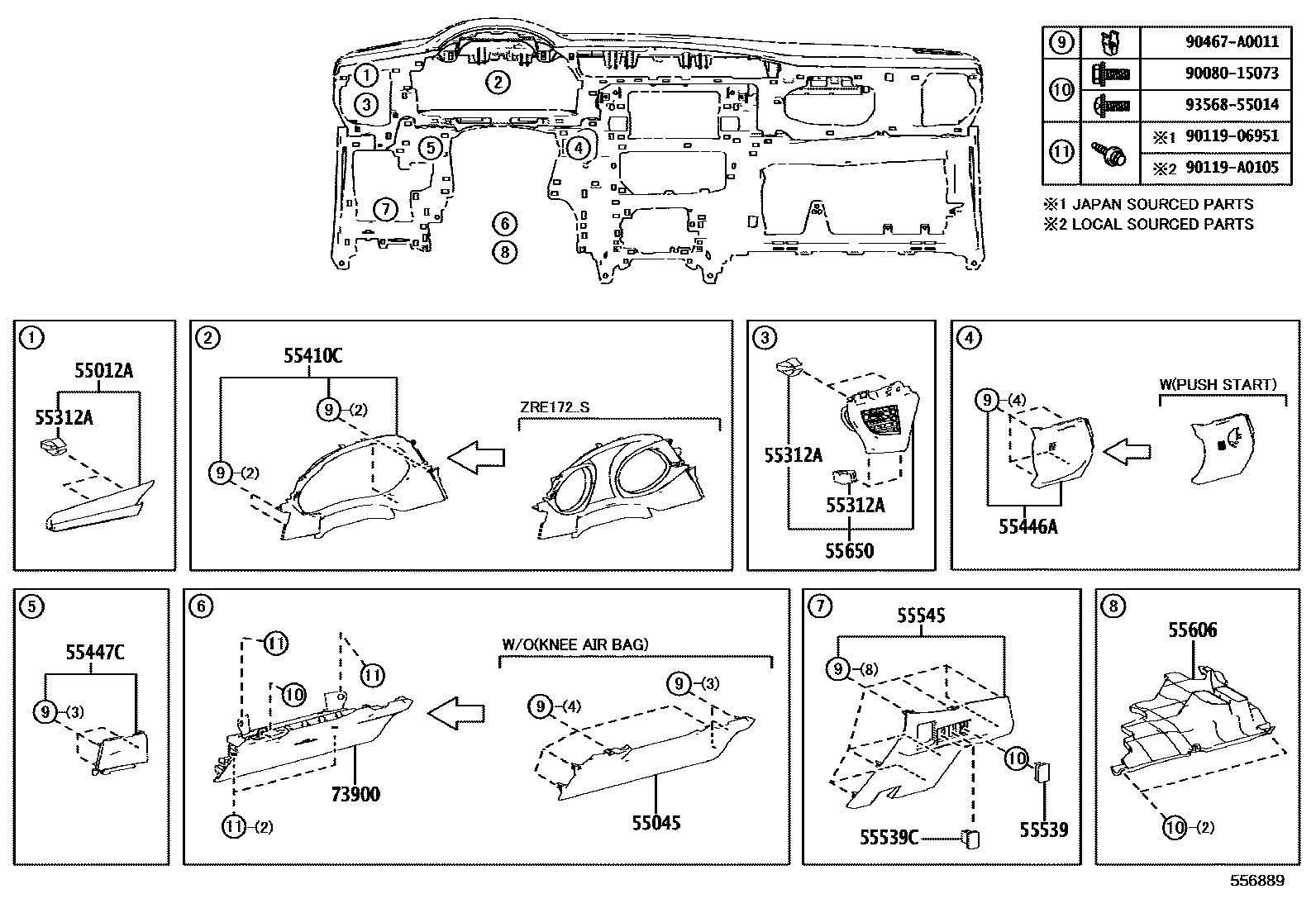 Toyota COROLLA 仪表板和手套箱 EPC diagram — 556889