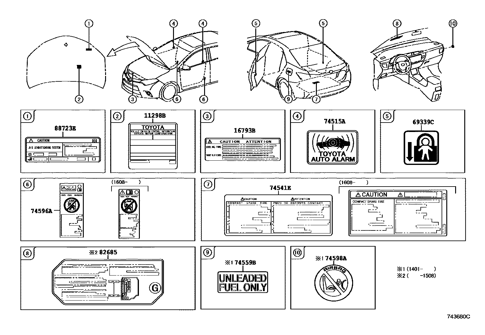 Toyota COROLLA 警示铭牌(车外和车内) EPC diagram — 743680C