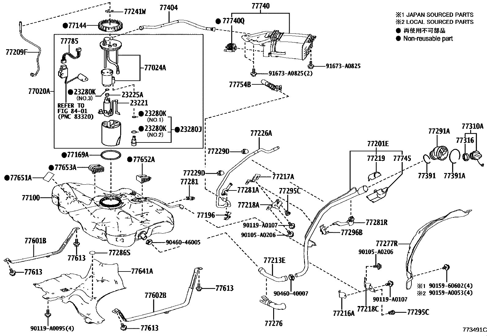Toyota COROLLA 燃油箱和燃油管 EPC diagram — 773491C