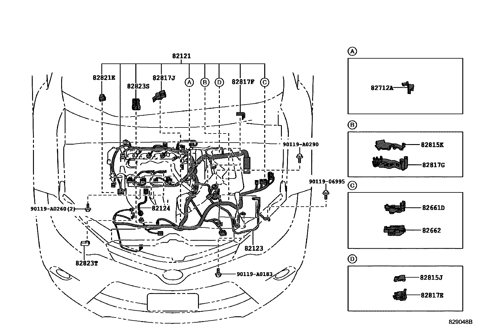 Toyota COROLLA 线束和卡夹 EPC diagram — 829048B