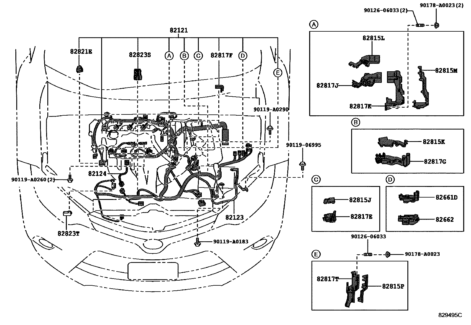 Toyota COROLLA 线束和卡夹 EPC diagram — 829495C