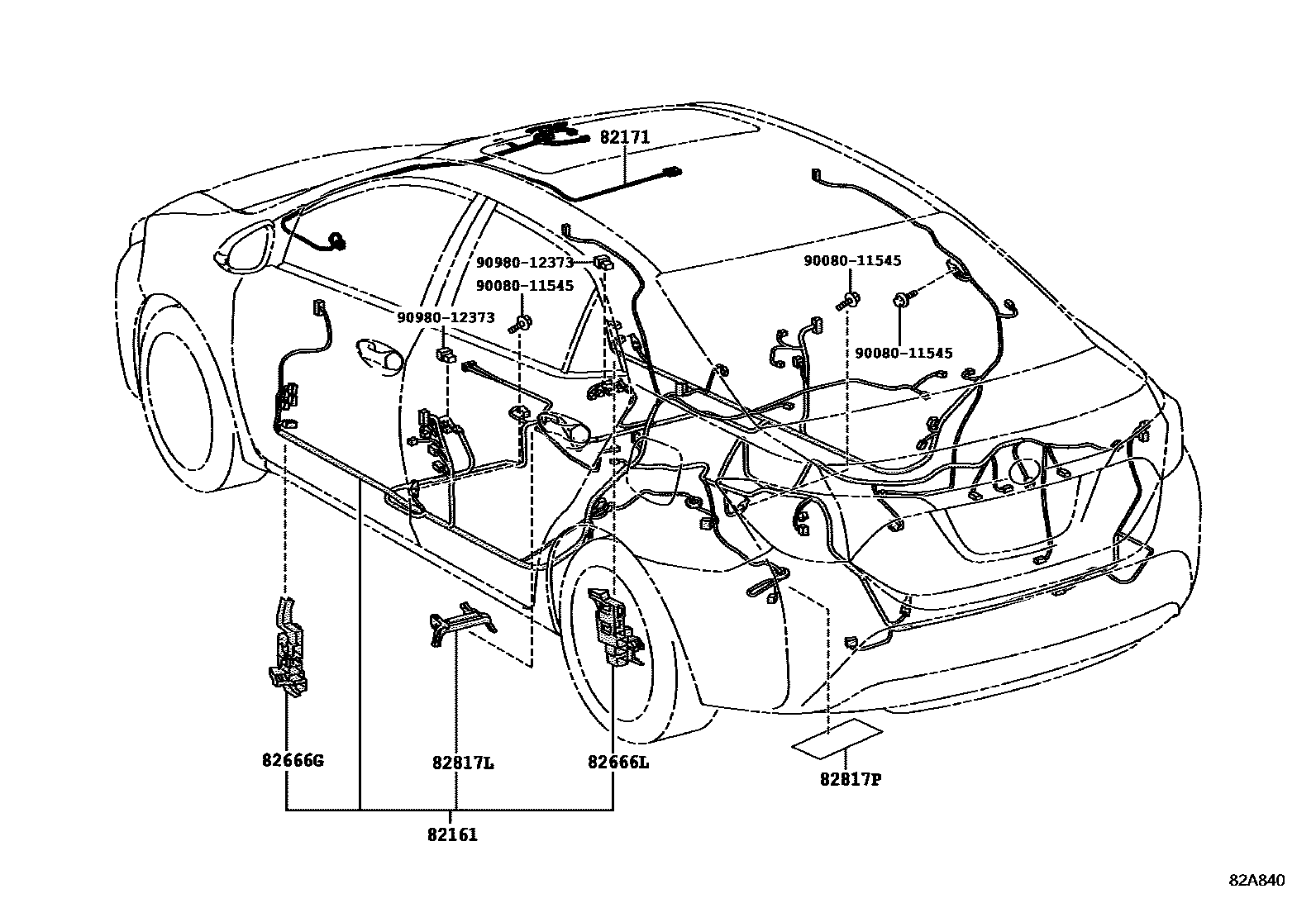 Toyota COROLLA 线束和卡夹 EPC diagram — 82A840