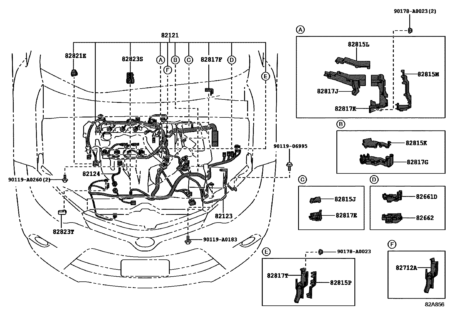 Toyota COROLLA 线束和卡夹 EPC diagram — 82A856