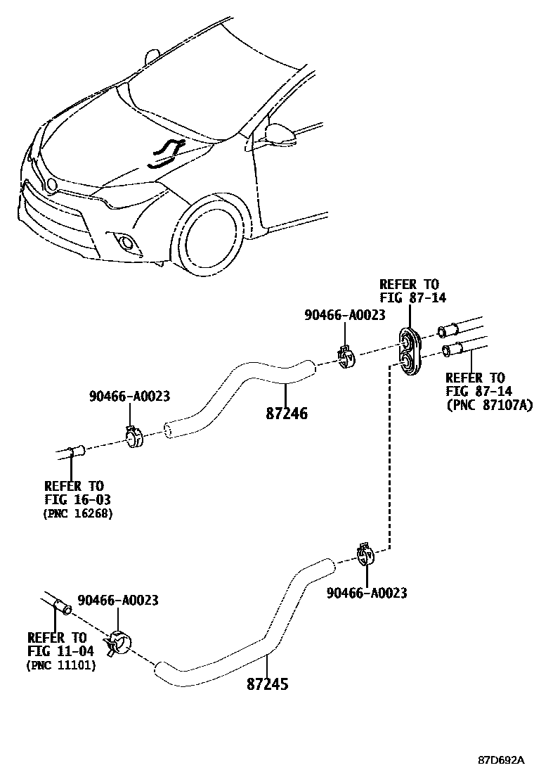 Toyota COROLLA 暖风和空调系统 - 水管 EPC diagram — 87D692A