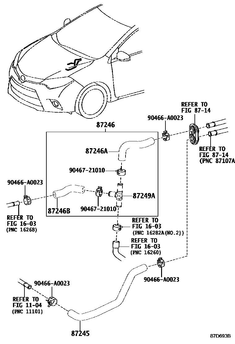 Toyota COROLLA 暖风和空调系统 - 水管 EPC diagram — 87D693B