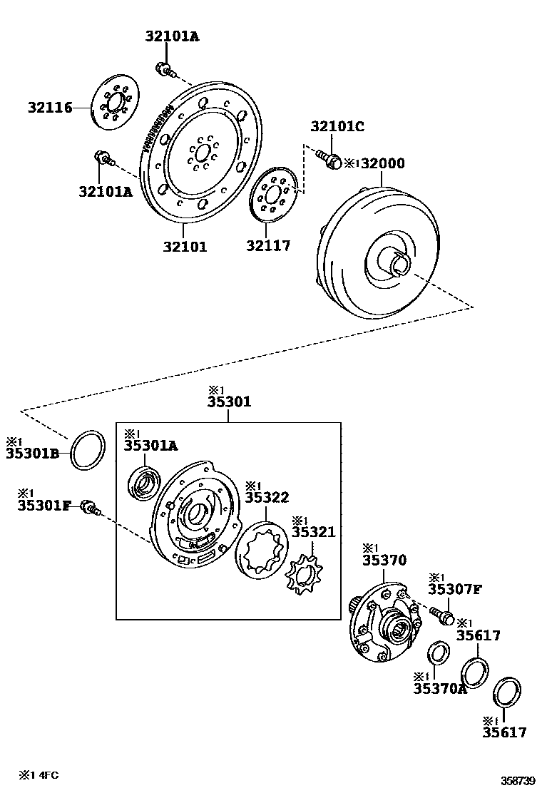Toyota COROLLA 变矩器、前油泵和链条(ATM) EPC diagram — 358739