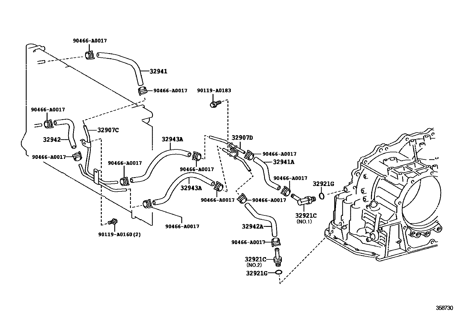 Toyota COROLLA 变速器油冷却器和配管(ATM) EPC diagram — 358730