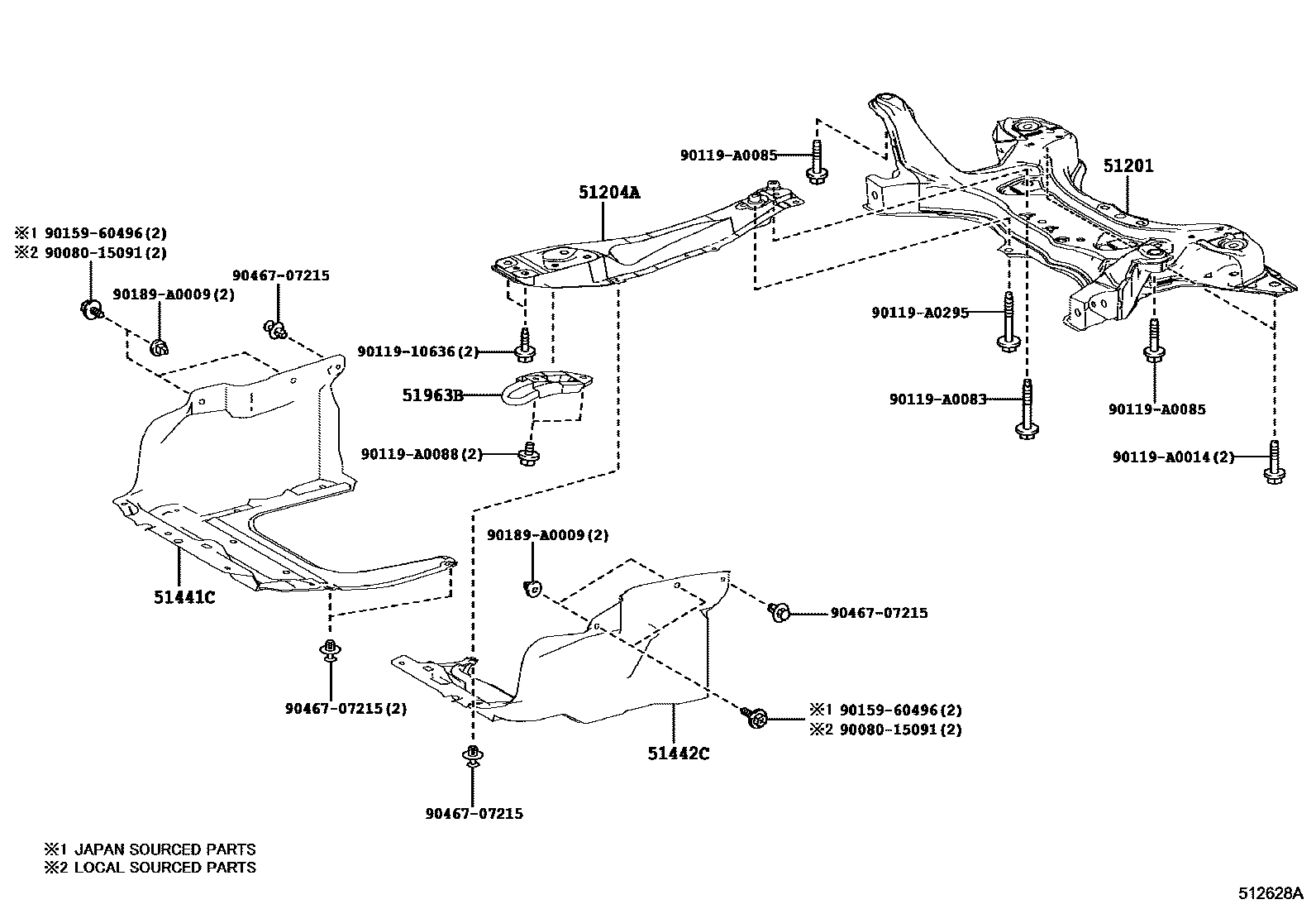 Toyota COROLLA 悬架横梁和发动机底罩 EPC diagram — 512628A