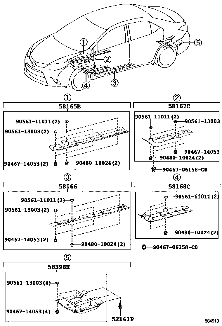 Toyota COROLLA 浅盘形地板和车身下背板 EPC diagram — 584913