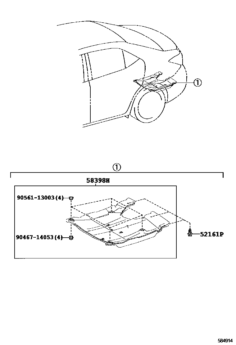 Toyota COROLLA 浅盘形地板和车身下背板 EPC diagram — 584914