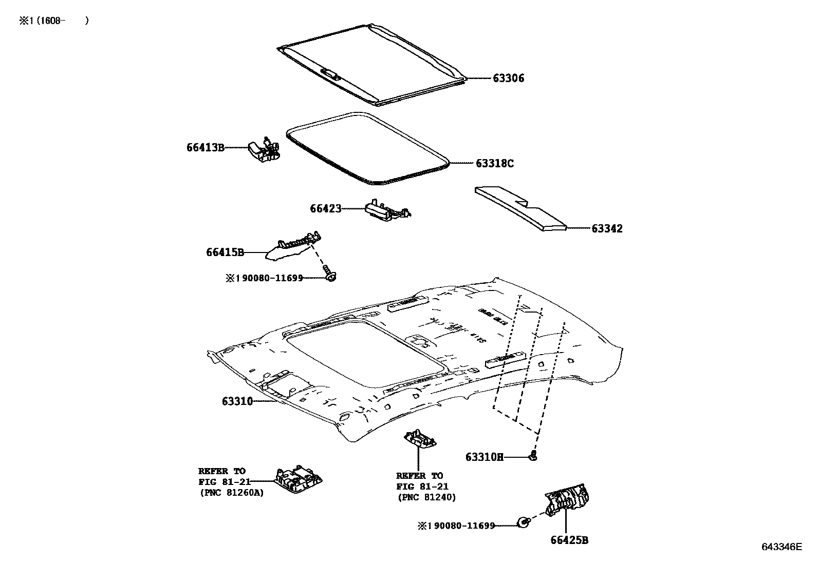 Toyota COROLLA 车顶内衬和消声垫 EPC diagram — 643346E