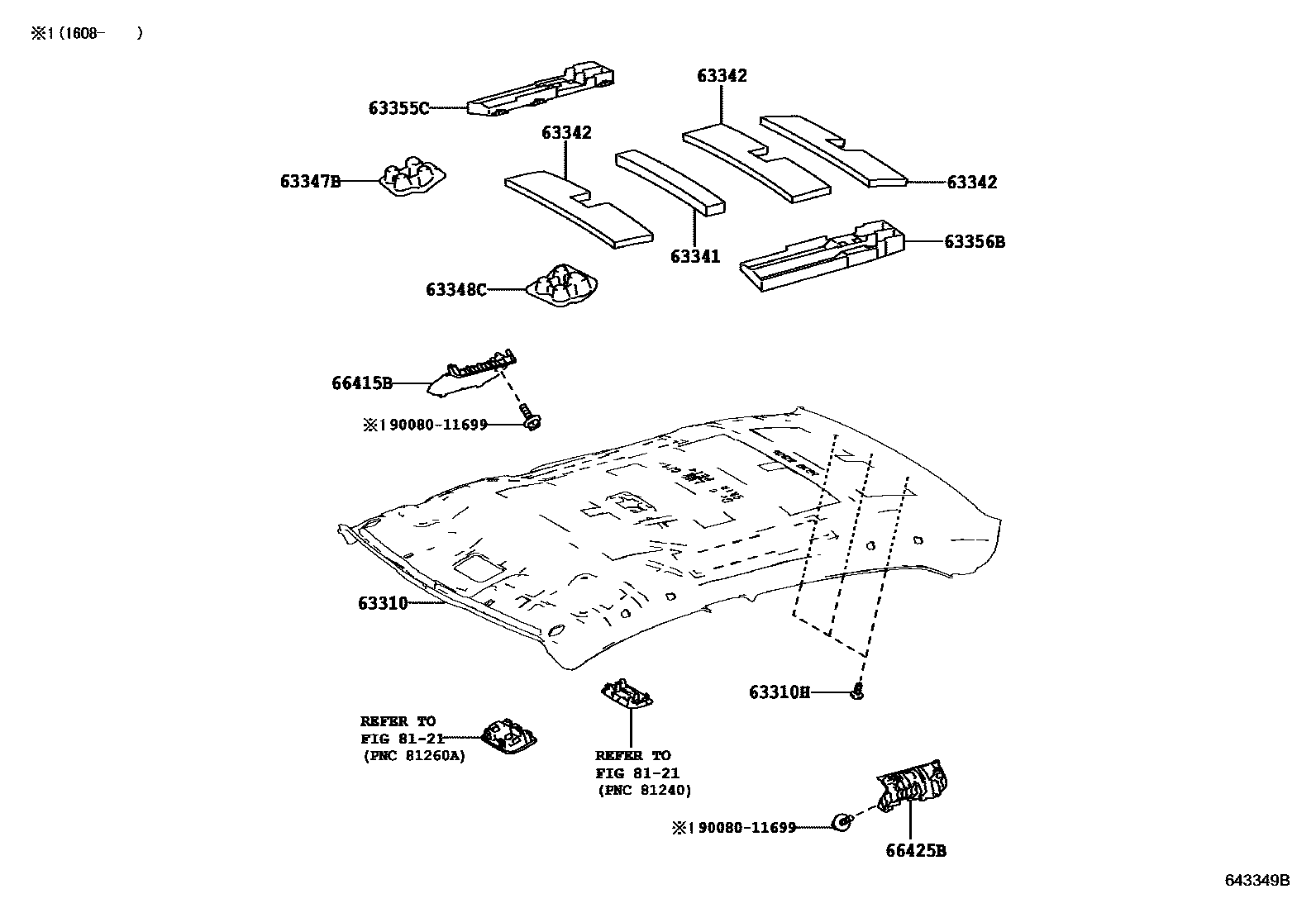 Toyota COROLLA 车顶内衬和消声垫 EPC diagram — 643349B