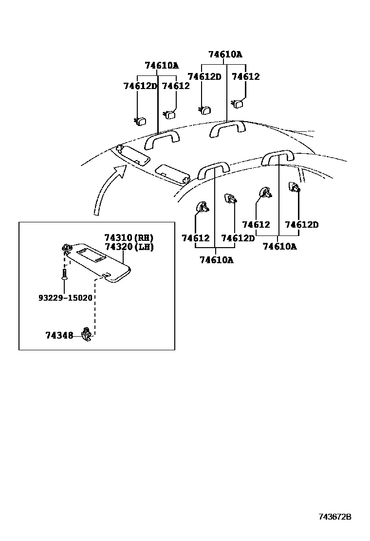 Toyota COROLLA 扶手和遮阳板 EPC diagram — 743672B