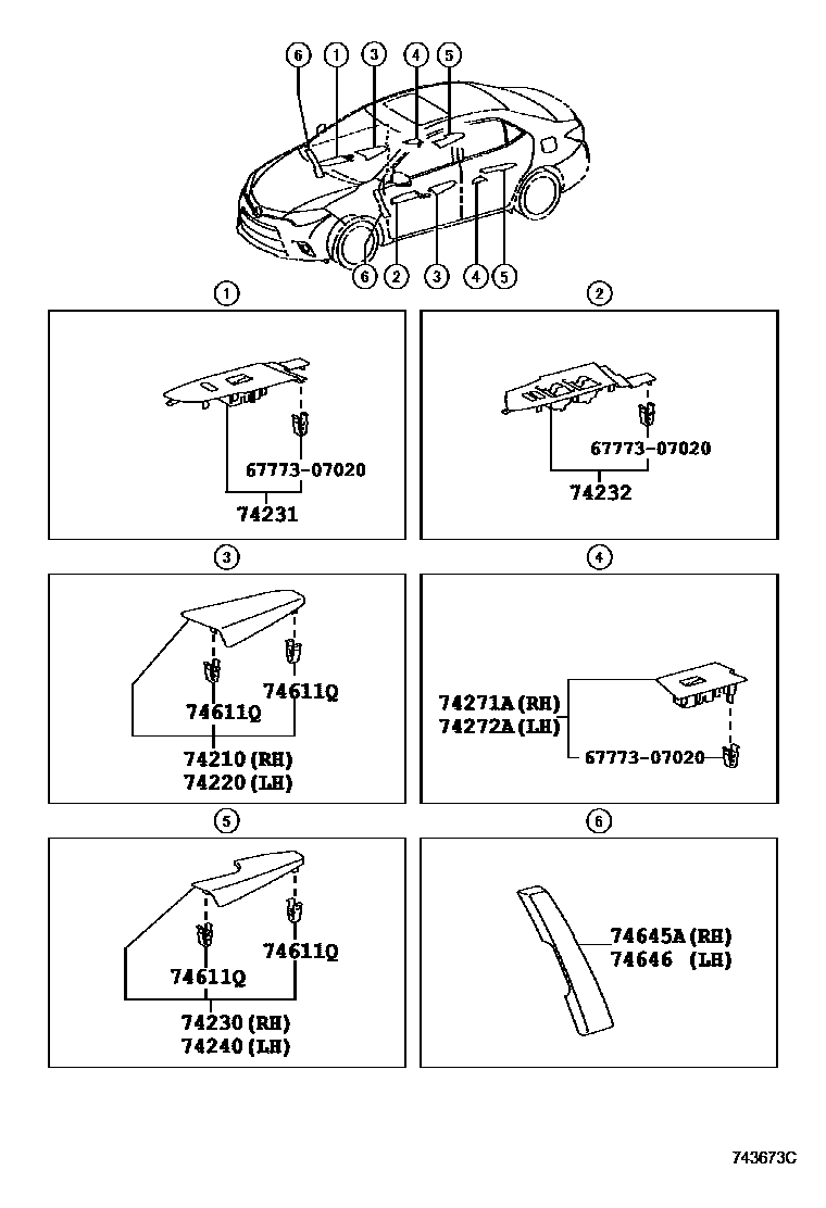 Toyota COROLLA 扶手和遮阳板 EPC diagram — 743673C
