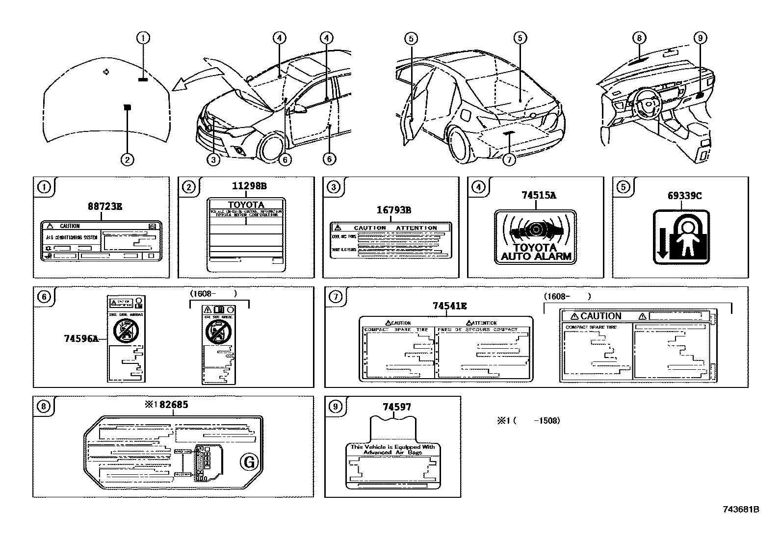 Toyota COROLLA 警示铭牌(车外和车内) EPC diagram — 743681B