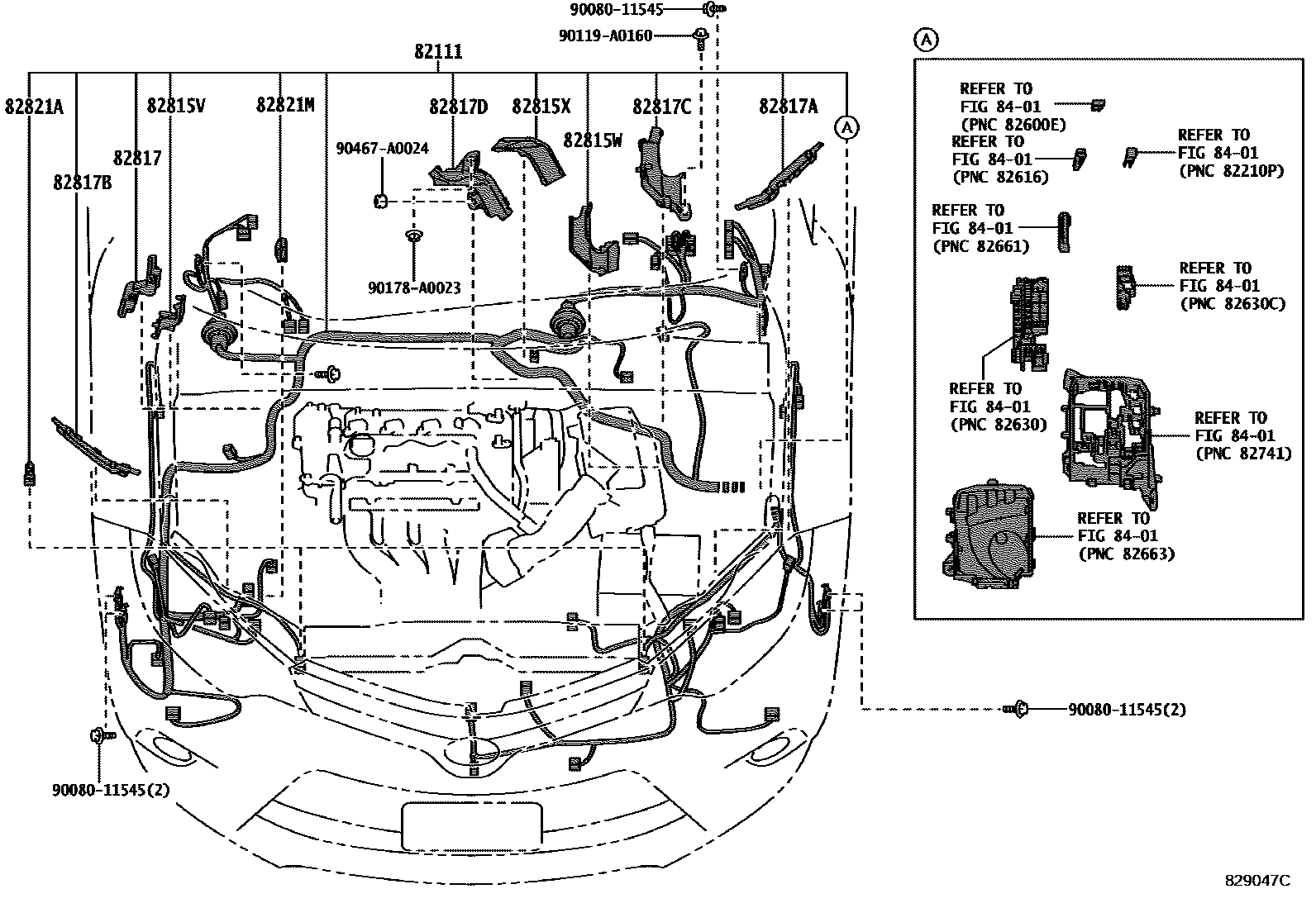 Toyota COROLLA 线束和卡夹 EPC diagram — 829047C