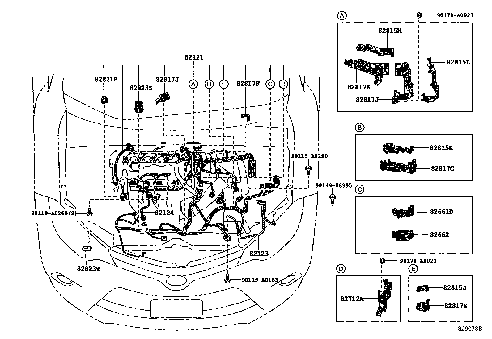 Toyota COROLLA 线束和卡夹 EPC diagram — 829073B