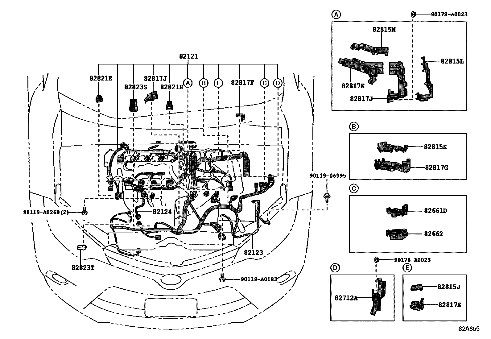 Toyota COROLLA 线束和卡夹 EPC diagram — 82A855