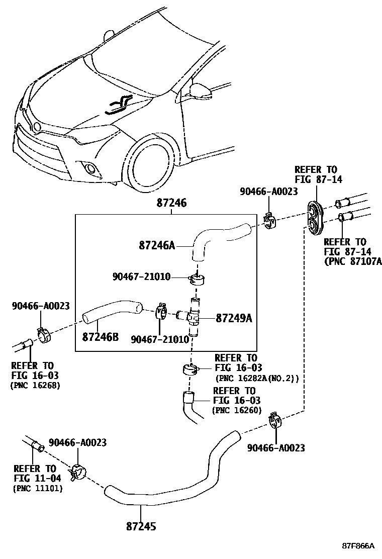 Toyota COROLLA 暖风和空调系统 - 水管 EPC diagram — 87F866A