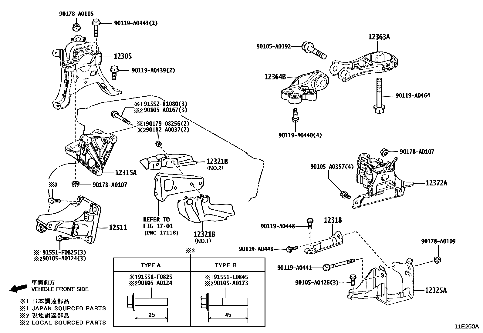 Toyota COROLLA Engine Mounting EPC diagram — 11E250A