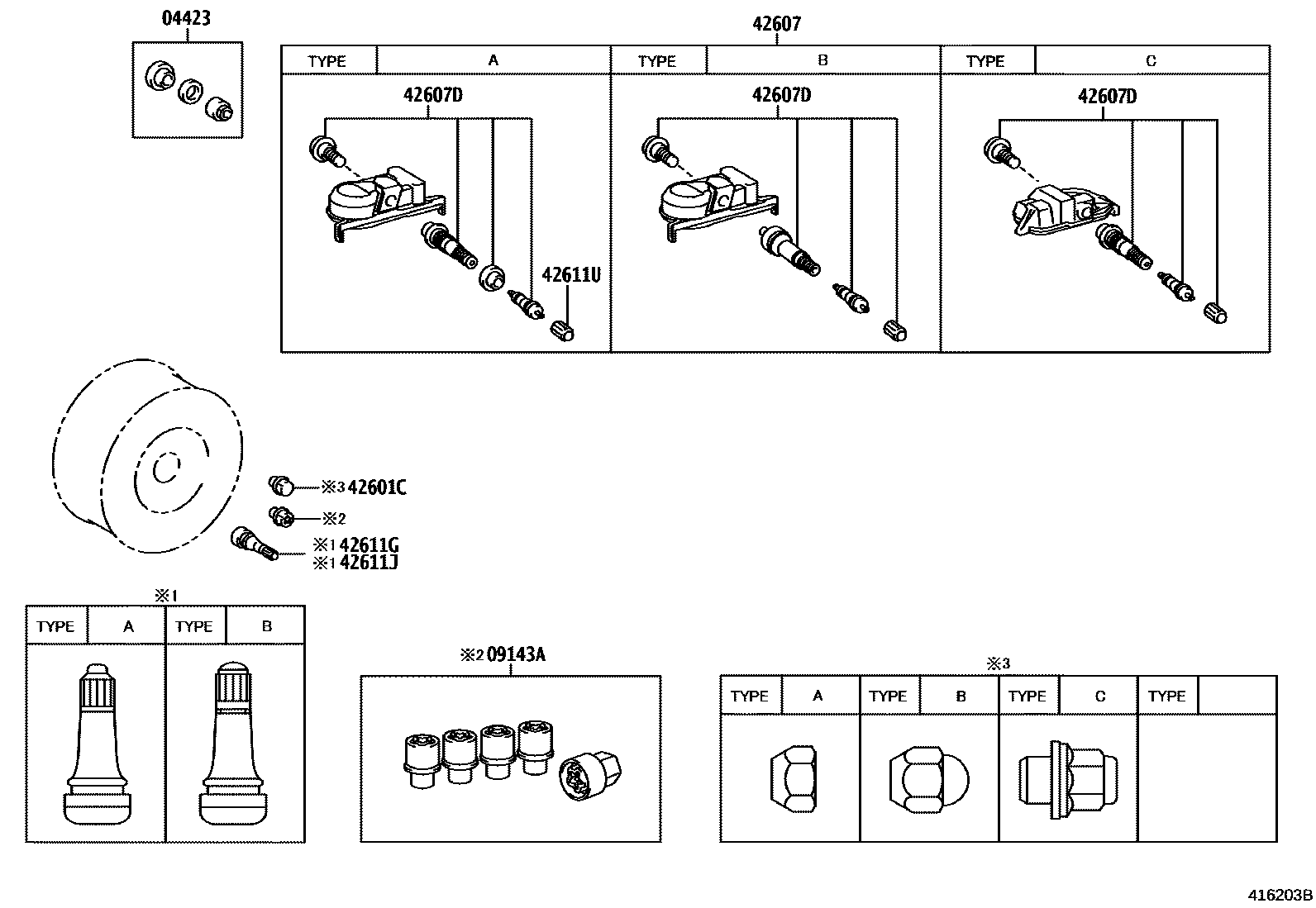 Toyota COROLLA 车轮和车轮盖 EPC diagram — 416203B