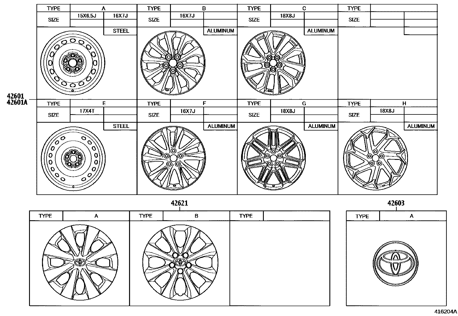 Toyota COROLLA 车轮和车轮盖 EPC diagram — 416204A
