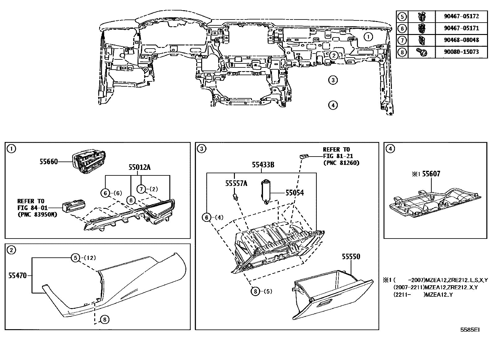 Toyota COROLLA 仪表板和手套箱 EPC diagram — 5585EI