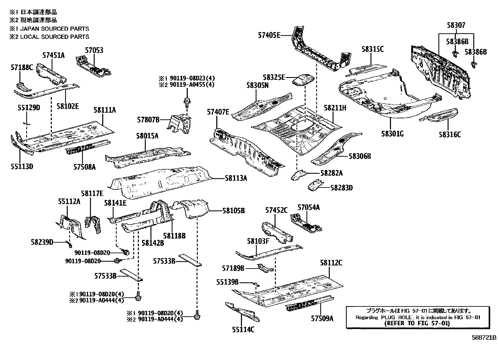 Toyota COROLLA 浅盘形地板和车身下背板 EPC diagram — 588721B