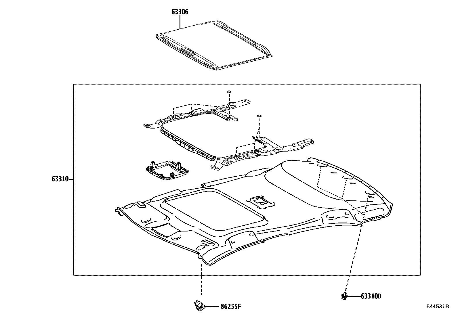 Toyota COROLLA 车顶内衬和消声垫 EPC diagram — 644531B