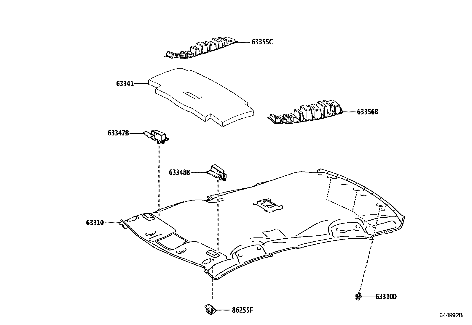 Toyota COROLLA 车顶内衬和消声垫 EPC diagram — 644992B