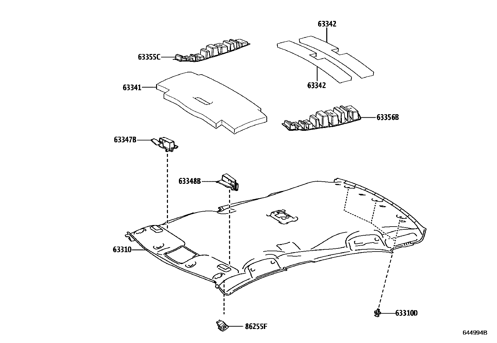 Toyota COROLLA 车顶内衬和消声垫 EPC diagram — 644994B
