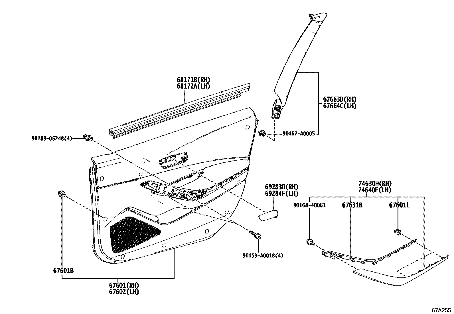 Toyota COROLLA 前门板和前门玻璃 EPC diagram — 67A255