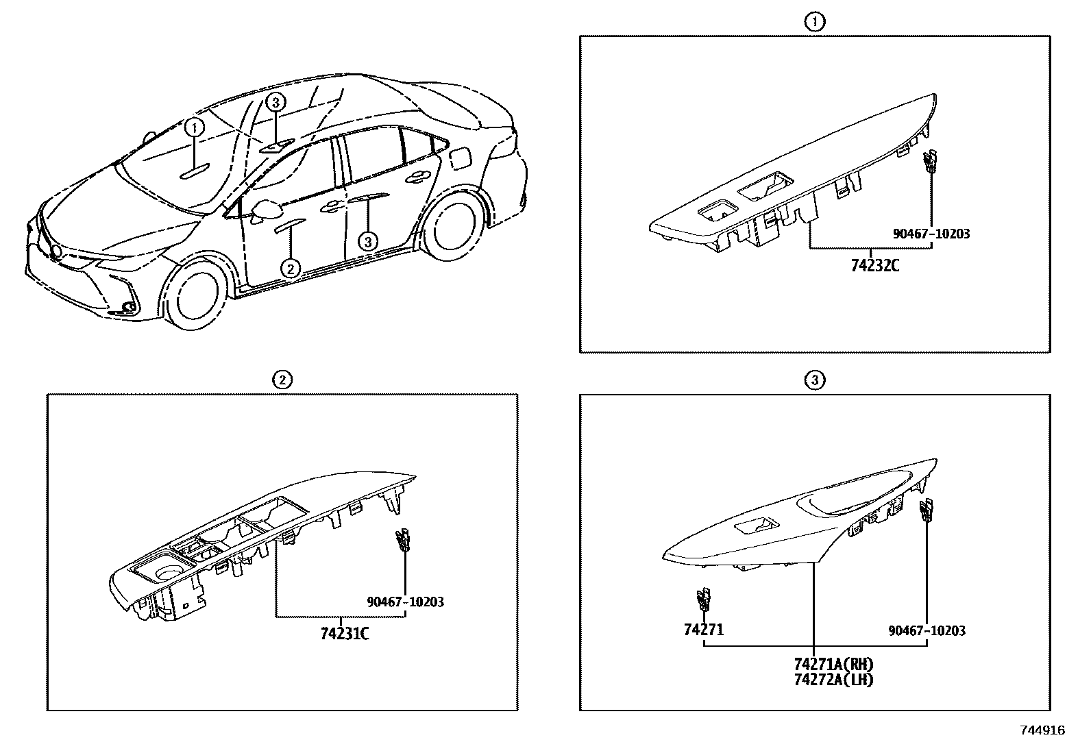Toyota COROLLA 扶手和遮阳板 EPC diagram — 744916