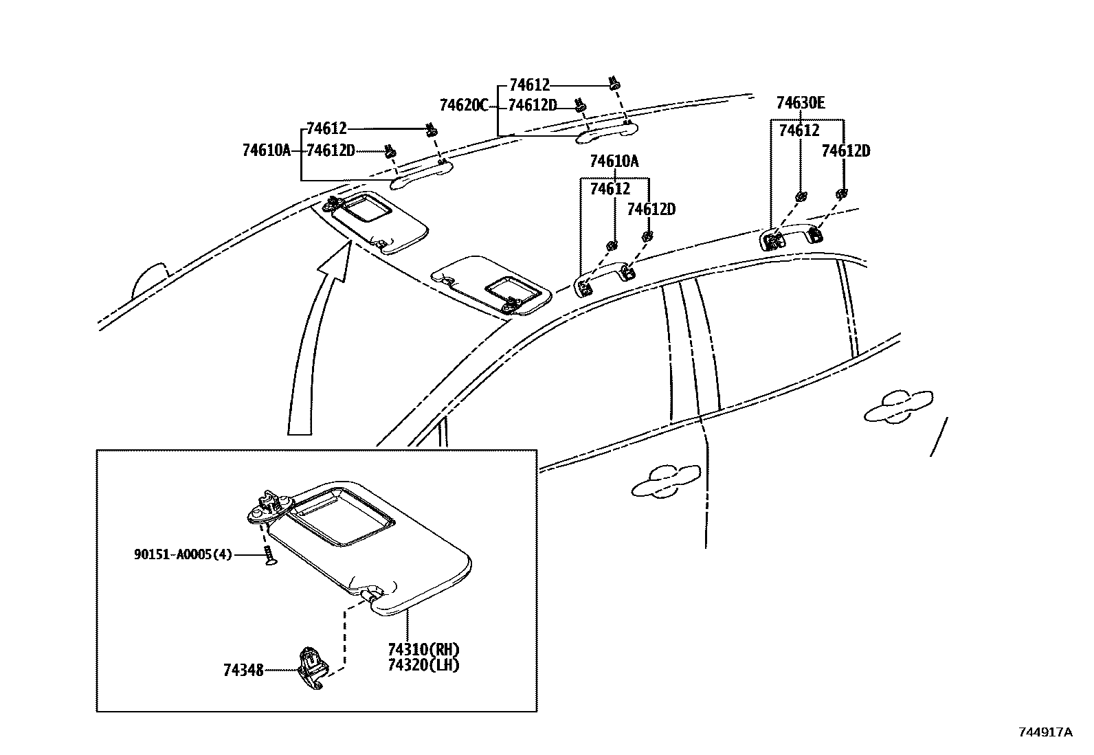 Toyota COROLLA 扶手和遮阳板 EPC diagram — 744917A