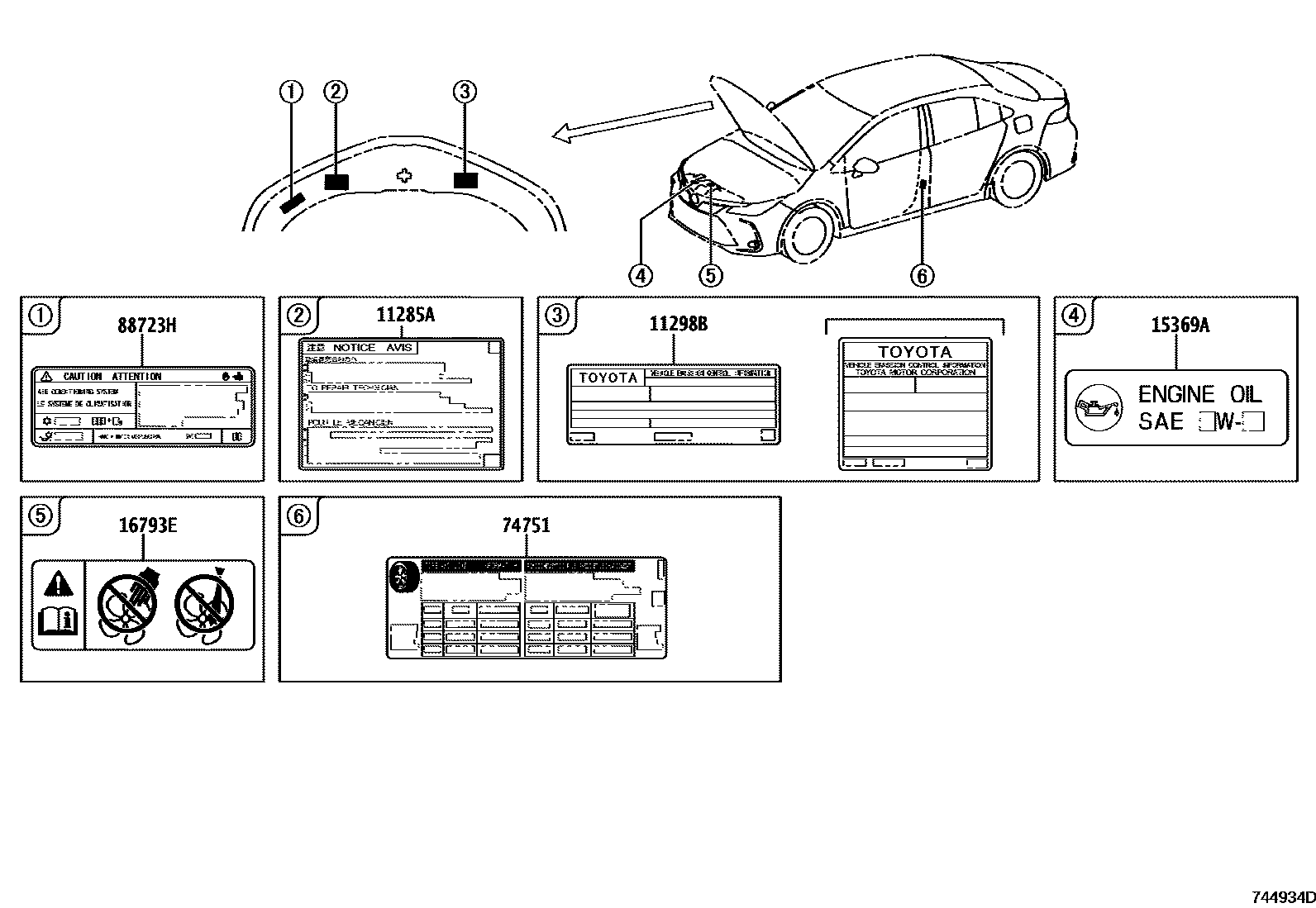 Toyota COROLLA 警示铭牌(车外和车内) EPC diagram — 744934D
