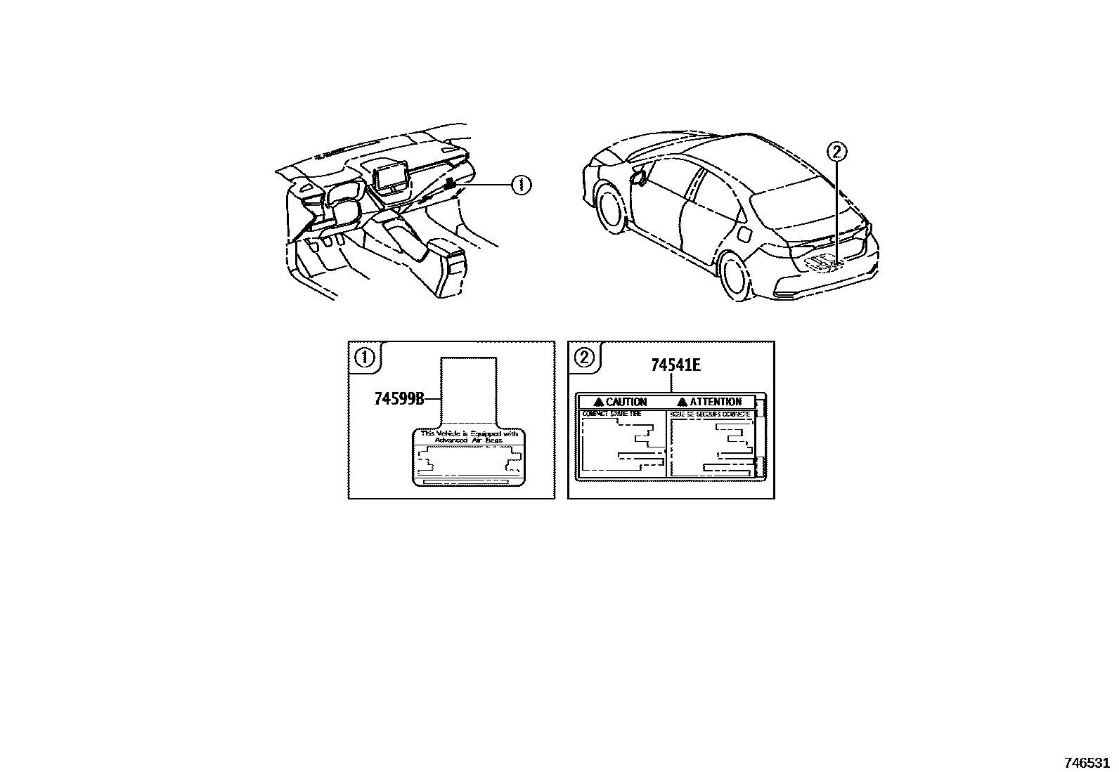 Toyota COROLLA 警示铭牌(车外和车内) EPC diagram — 746531